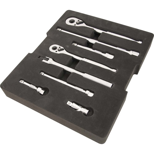 9Pcs Rtchet, Extnsn, U-Joint & Flex Hndl Set, 3/8" & 1/2"Dr & Tool Orgnzr